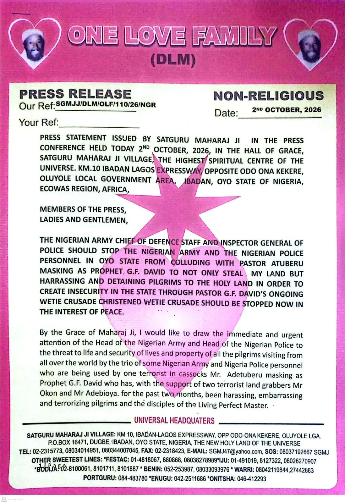 Press Statment Issued By Satguru Maharaj Ji In The Press Conference Held Today 2nd October, 2026, In The Hall Of Grace, Satguru Maharaj Ji Village, The Highest Spiritual Cantre Of The Universe. KM 10 Ibadan Lagos Expressway, Opposite Odo Ona Kekere,