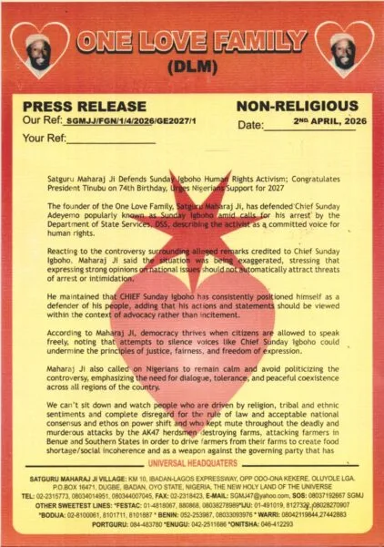 Satguru Maharaj Ji Defends Sunday Igboho Human Rights Activism; Congratulates President Tinubu on 74th Birthday, Urges Nigerians Support for 2027
