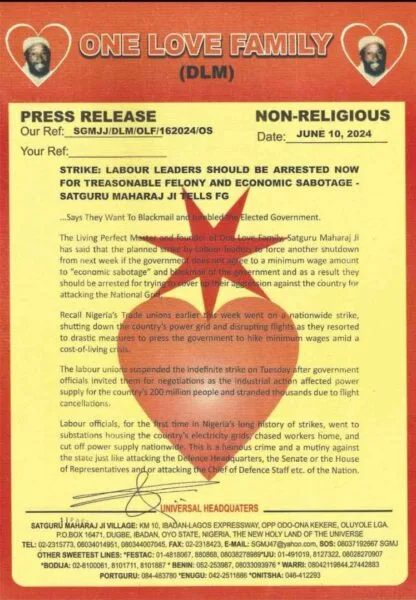 Strike: Labour leader Should Be Arrested Now For Treasonable Felony And Economic Sabotage Satguru Maharaj Ji Tells FG